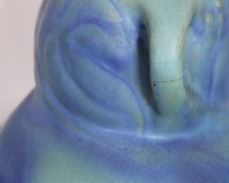 Another view of the Early Van Briggle Art Pottery handled vase with palm design and blue and turquoise glaze