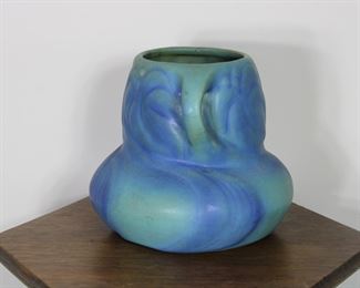 Another view of the Early Van Briggle Art Pottery handled vase with palm design and blue and turquoise glaze