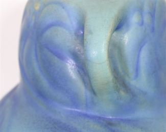 Another view of the Early Van Briggle Art Pottery handled vase with palm design and blue and turquoise glaze