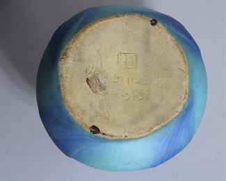 Underside with mark on the Early Van Briggle Art Pottery handled vase with palm design and blue and turquoise glaze