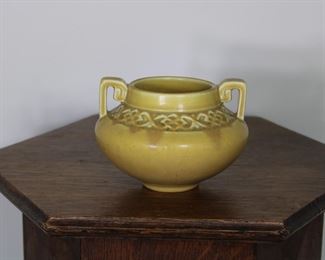 Another view of Rookwood Pottery two handled vase # 1807 in mottled yellow glaze, 4" tall, production date 1929
