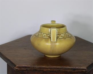 Another view of Rookwood Pottery two handled vase # 1807 in mottled yellow glaze, 4" tall, production date 1929