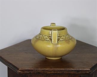 Another view of Rookwood Pottery two handled vase # 1807 in mottled yellow glaze, 4" tall, production date 1929