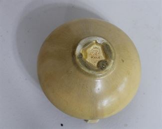 Another view of Rookwood Pottery two handled vase # 1807 in mottled yellow glaze, 4" tall, production date 1929