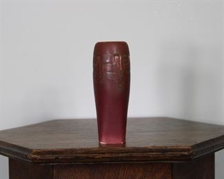 13.   Another view of Rookwood Pottery vase # 821 F in red glaze with undertones of green, 5 1/8"" tall, production date 1906