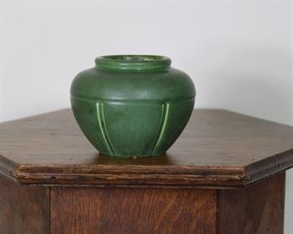 16.   Hampshire Pottery vase # 146, 3 1/2" tall, matte green glaze, nick on base