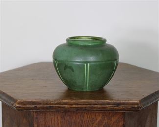 16.   Another view of Hampshire Pottery vase # 146, 3 1/2" tall, matte green glaze, nick on base