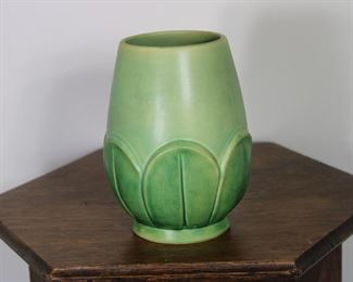 Weller Pottery vase in two tone green glaze, lotus leaf design around base, 7" tall