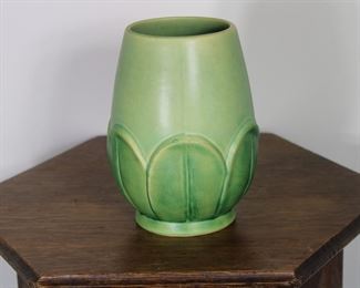  Another view of Weller Pottery vase in two tone green glaze, lotus leaf design around base, 7" tall