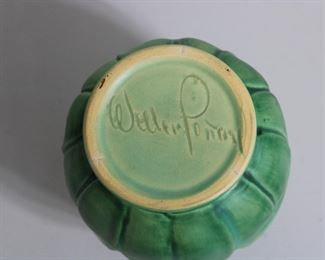 Another view of Weller Pottery vase in two tone green glaze, lotus leaf design around base, 7" tall