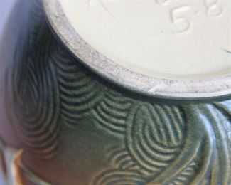 Another view of Roseville Pottery Zephyr Lily cookie jar base with Freesia patterned lid