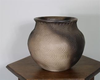 Another view of Joel Queen large Cherokee stamped pottery cooking pot, signed, with business card from original purchase.  7 1/4" tall, approximately 9" across widest point,  6 1/2" across rim