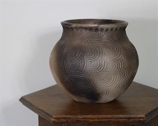 Another view of Joel Queen large Cherokee stamped pottery cooking pot, signed, with business card from original purchase.  7 1/4" tall, approximately 9" across widest point,  6 1/2" across rim