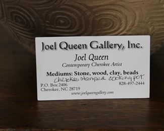 Business card from purchase of Joel Queen large Cherokee stamped pottery cooking pot, signed, with business card from original purchase.  7 1/4" tall, approximately 9" across widest point,  6 1/2" across rim