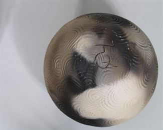 Another view of Joel Queen large Cherokee stamped pottery cooking pot, signed, with business card from original purchase.  7 1/4" tall, approximately 9" across widest point,  6 1/2" across rim