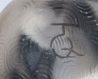 Another view of Joel Queen large Cherokee stamped pottery cooking pot, signed, with business card from original purchase.  7 1/4" tall, approximately 9" across widest point,  6 1/2" across rim