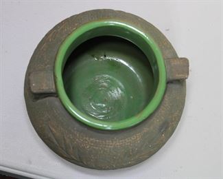 Interior view of Red Wing Union Stoneware acorn and oak leaf Brushware jardiniere, 7" tall