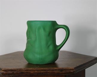 Unmarked Owens Art #1108 Art Pottery Mug with green glaze, 5" tall