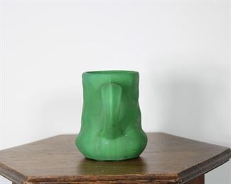 Another view of Unmarked Owens Art #1108 Art Pottery Mug with green glaze, 5" tall