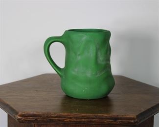 Another view of Unmarked Owens Art #1108 Art Pottery Mug with green glaze, 5" tall