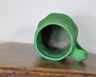 Another view of Unmarked Owens Art #1108 Art Pottery Mug with green glaze, 5" tall