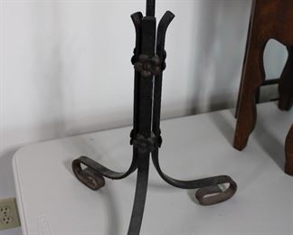 Another view of Antique wrought iron Arts and Crafts style floor or bridge lamp with caramel slag glass hanging shade.  61 1/2" tall overall, 47" from floor to bottom of shade
