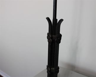 Another view of Antique wrought iron Arts and Crafts style floor or bridge lamp with caramel slag glass hanging shade.  61 1/2" tall overall, 47" from floor to bottom of shade
