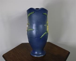 Another view of Roseville Pottery Freesia pitcher in blue, #20-10".  Tiny glaze nick on point on handle