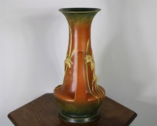 Another view of the tall Roseville Zephyr Lily double handled vase