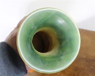 Interior view of the tall Roseville Zephyr Lily double handled vase