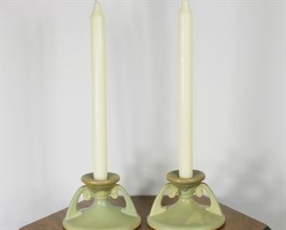 Pair of Roseville Pottery Carnelian Candleholders