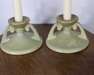 Another view of the Pair of Roseville Pottery Carnelian Candleholders