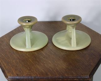 Another view of the Pair of Roseville Pottery Carnelian Candleholders