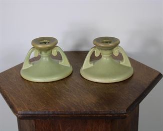 Another view of the Pair of Roseville Pottery Carnelian Candleholders