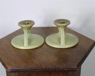 Another view of the Pair of Roseville Pottery Carnelian Candleholders