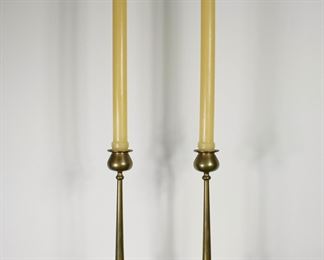 Another view of Arts and Crafts cast brass candlesticks, lightly polished original patina, 5" across and 8 1/2" tall.  Purchased at Treadway/Toomey 11/24/84, Lot 251