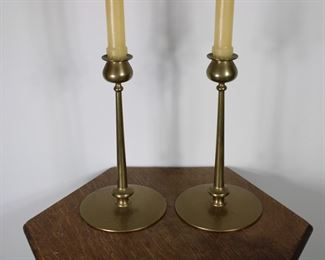 Arts and Crafts cast brass candlesticks, lightly polished original patina, 5" across and 8 1/2" tall.  Purchased at Treadway/Toomey 11/24/84, Lot 251