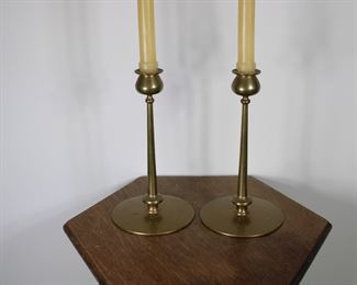 Another view of Arts and Crafts cast brass candlesticks, lightly polished original patina, 5" across and 8 1/2" tall.  Purchased at Treadway/Toomey 11/24/84, Lot 251