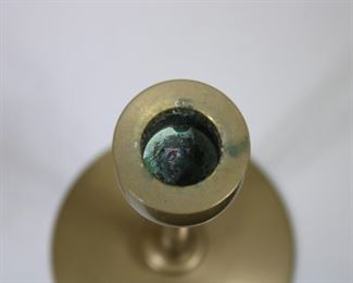 Another view of Arts and Crafts cast brass candlesticks, lightly polished original patina, 5" across and 8 1/2" tall.  Purchased at Treadway/Toomey 11/24/84, Lot 251