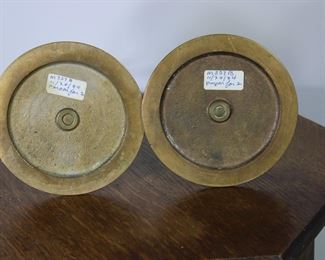 Another view of Arts and Crafts cast brass candlesticks, lightly polished original patina, 5" across and 8 1/2" tall.  Purchased at Treadway/Toomey 11/24/84, Lot 251