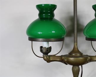 Another view of solid brass student lamp, electrified, with green cased glass shades, 18" tall overall