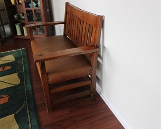 Gustav Stickley settee, real leather upholstery, possibly an old refinish, No. 212 Settle, height of back from floor 36", height of seat from floor 17", length 48", depth 21"