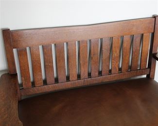Gustav Stickley settee, real leather upholstery, possibly an old refinish, No. 212 Settle, height of back from floor 36", height of seat from floor 17", length 48", depth 21"