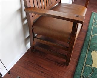 Gustav Stickley settee, real leather upholstery, possibly an old refinish, No. 212 Settle, height of back from floor 36", height of seat from floor 17", length 48", depth 21"