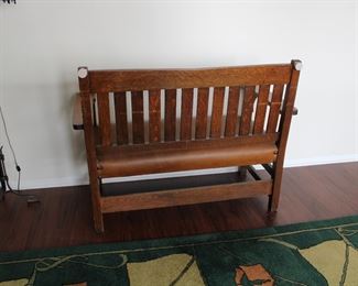 Gustav Stickley settee, real leather upholstery, possibly an old refinish, No. 212 Settle, height of back from floor 36", height of seat from floor 17", length 48", depth 21"