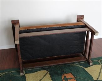 Gustav Stickley settee, real leather upholstery, possibly an old refinish, No. 212 Settle, height of back from floor 36", height of seat from floor 17", length 48", depth 21"