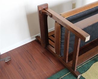 Gustav Stickley settee, real leather upholstery, possibly an old refinish, No. 212 Settle, height of back from floor 36", height of seat from floor 17", length 48", depth 21"