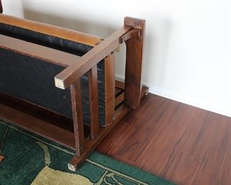 Gustav Stickley settee, real leather upholstery, possibly an old refinish, No. 212 Settle, height of back from floor 36", height of seat from floor 17", length 48", depth 21"