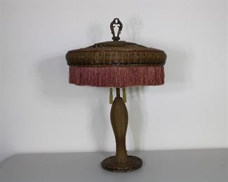 Wicker Lamp, original decoration, relined shade, probably original fringe.  28" to top of finial
