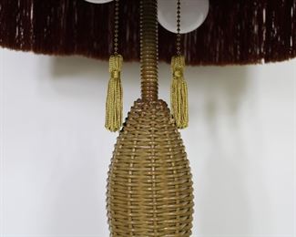 Wicker Lamp, original decoration, relined shade, probably original fringe.  28" to top of finial